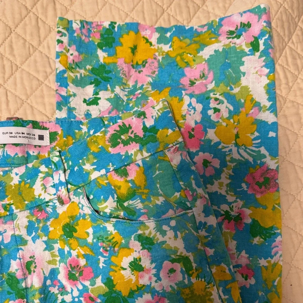 Zara Floral Straight Leg Pants - Blue, Yellow, Pink - Picture 5 of 8